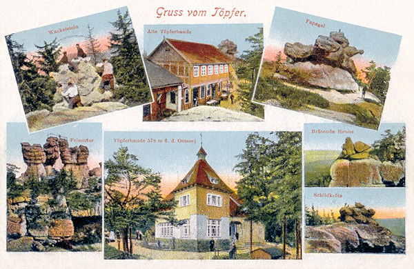 This picture postcard from 1920 presents the Töpfer-hill with its restaurant and its most interesting rock forms. At the top there is the old inn from 1860, the „Rocking stone“ (left) and the „Parrot“, the lower pictures show the new Töpfer inn, to the left the „Rock gate“ and to the right the „Brooding hen“ and the „Turtle“.