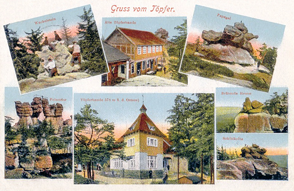 Diese Ansichtskarte von 1920 stellt der Töpfer-Berg mit dem Restaurant und den interessantesten Felsgebilden dar. Oben sieht man das alte Restaurant von 1860, den Wackelstein (links) und das „Papagei“ benannte Steingebilde, die unteren Bilder zeigen die neue Töpferbaude, links von ihr das Felsentor und rechts die „Brütende Henne“ und die „Schildkröte“.