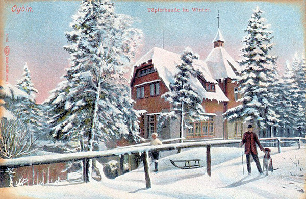 Pohlednice z roku 1910 zachycuje chatu na Töpferu v zimě.