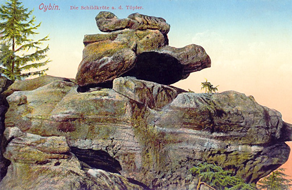 Auf dieser Ansichtskarte aus der Zeit um 1915 sieht man eine Detailansicht des Steingebildes „Schildkröte“.