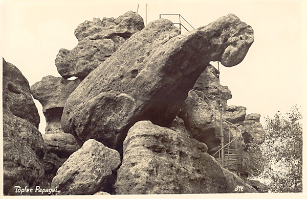 Pohlednice z roku 1935 zachycuje skalní útvar Papoušek (Papagei). V pozadí je vidět schodiště na vrchol Skalní brány.