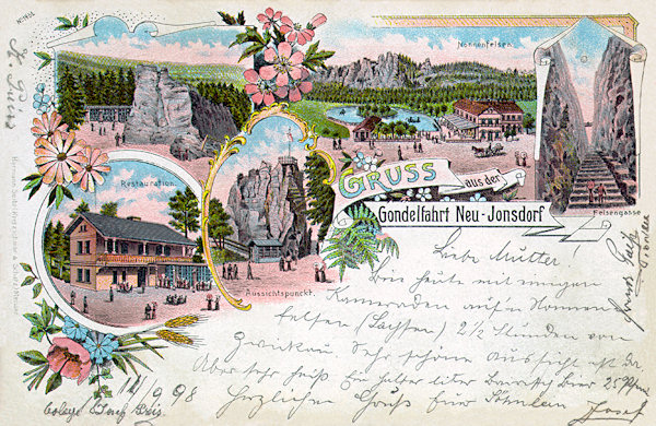 Historická pohlednice Jonsdorfu z roku 1898. Nahoře je hostinec u rybníka se skalními útvary Nonnenfelsen (Jeptišky) v pozadí, vpravo skalní průrva Felsengasse (Skalní ulice). Vlevo jsou skalní útvary Nonnenfelsen s vyhlídkou a výletní restaurací.