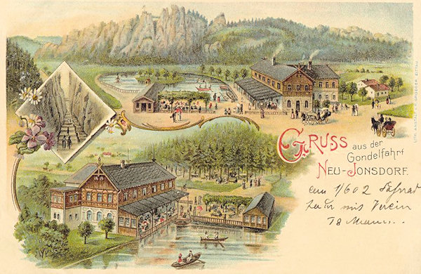 Diese Ansichtskarte aus der Wende des 19. zum 20. Jahrhundert zeigt das Jonsdorfer Gasthaus Gondelfahrt. Im Hintergrunde ragt die Felsengruppe Nonnenfelsen empor, das kleine Bild links zeigt die Felsenschlucht Felsengasse.