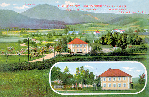 This picture postcard presents the excursion resort „Jägerwäldchen“ which up to today is standing on the crossroad between Bertsdorf and Waltersdorf. In the background there is the Lausche (Luž) hill.