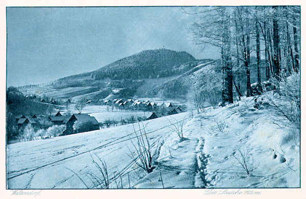 Tato pohlednice zachycuje zasněženou horní část obce pod Luží ze severovýchodního svahu Butterbergu.