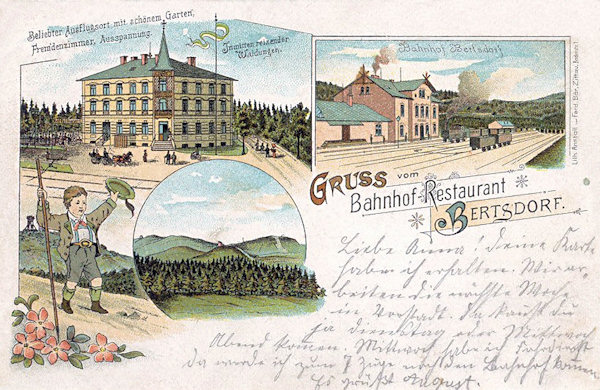 Diese Lithographie aus dem Jahr 1901 stellt das beliebte Hotel Bahnhof Bertsdorf dar, das im Zusammenhange mit dem Bau der hiesigen, im November 1890 in Betrieb gesetzten Schmalspurbahn erbaut worden ist.