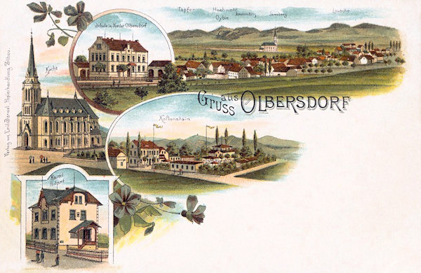 On this lithography from the turn of the 19th and the 20th century besides an overall view you see the old school in the lower part of the village and the Neo-Gothic style church which in 1985 had been demolished. The central picture shows the large area of the excursion restaurant Kaltenstein, at the lower left there is the house of the former post-office.