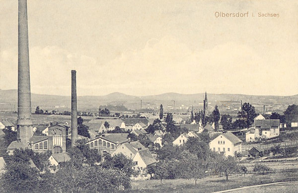 Auf dieser Ansichtskarte sieht man die gleiche Stelle wie auf dem vorhergehenden Bild im Jahr 1916, als im Vordergrunde schon die neue Fabrik stand.