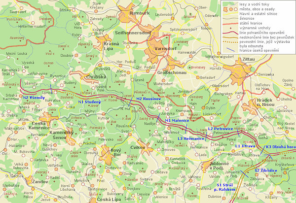 Přehledná mapa opevnění v Lužických horách.