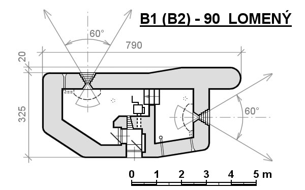 Půdorys objektu lehkého opevnění vz. 37 - lomený typ B1-90.