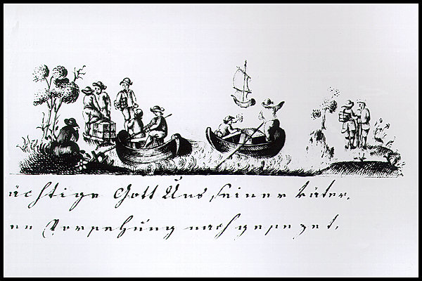 Kresba znázorňující obchod se sklem. Konfirmační listina Josefa II. pro město Bor z roku 1782 (Státní okresní archiv Česká Lípa).