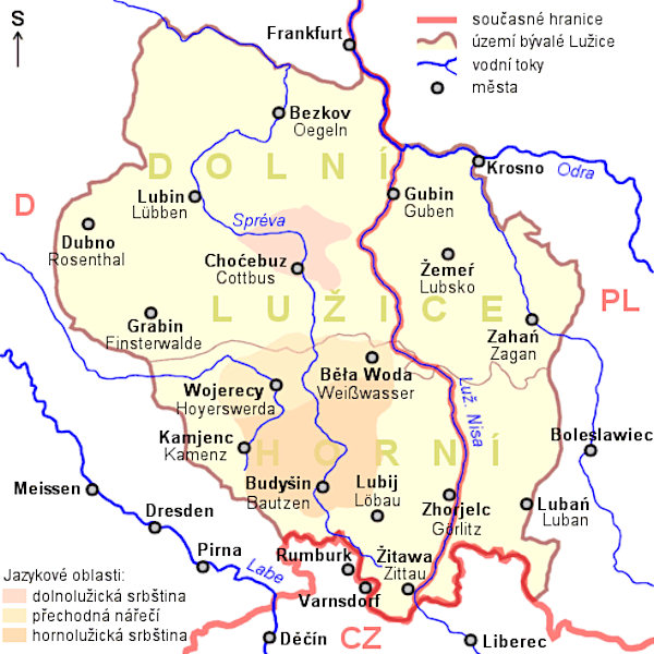 Historická mapka Lužice. Znázorněn je historický rozsah území podle mapy z roku 1945 a dnešní rozsah oblastí, v nichž se ješte lze setkat s lužickosrbským jazykem.