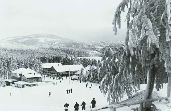 Zimní pohled na přechod 'Stráž' - 'Wache' pravděpodobně z 30. let minulého století. Vlevo stojí, na německé straně, 'Rüberzahlbäude', vpravo pak dvě budovy hostince 'Deutsche Wacht' a zpoza stromů vykukuje střecha československého celního úřadu.