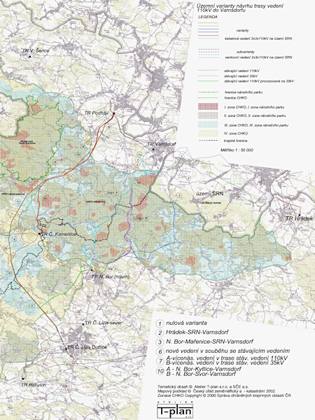 Přehledná mapa variant trasy vedení.