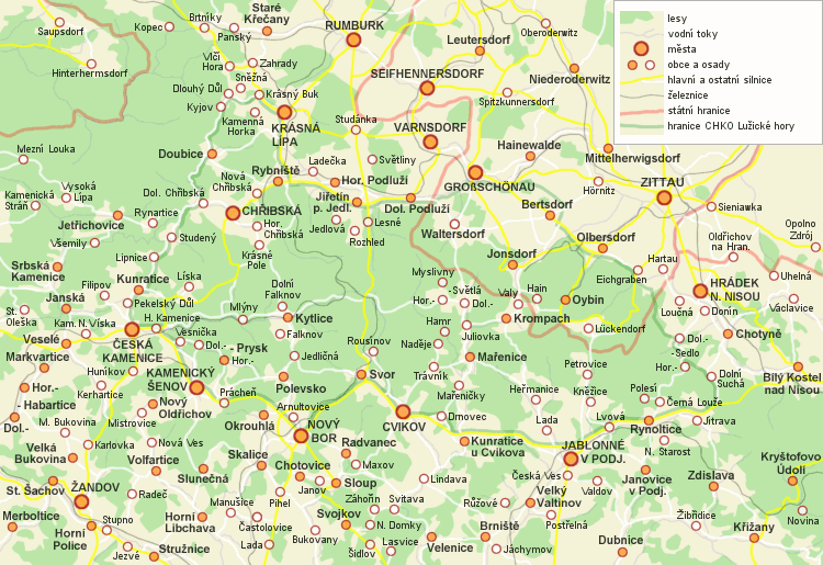 Mapa měst a obcí v Lužických a Žitavských horách.