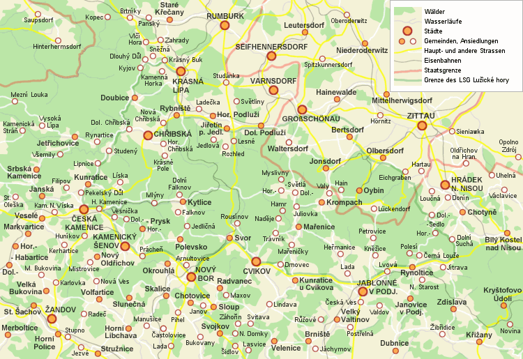 Karte der Städte und Gemeinden des Lausitzer Gebirges.