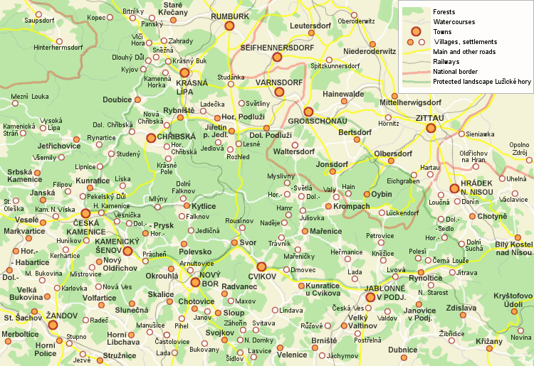 Map of towns and villages of the Lusatian Mountains.