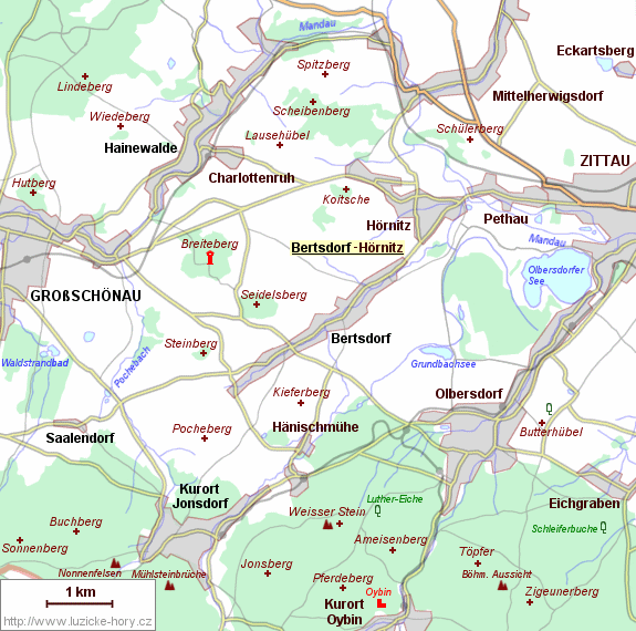 Übersichtskarte der Umgebung von Bertsdorf-Hörnitz.