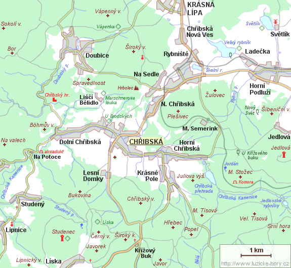 Übersichtskarte der Umgebung von Chřibská.