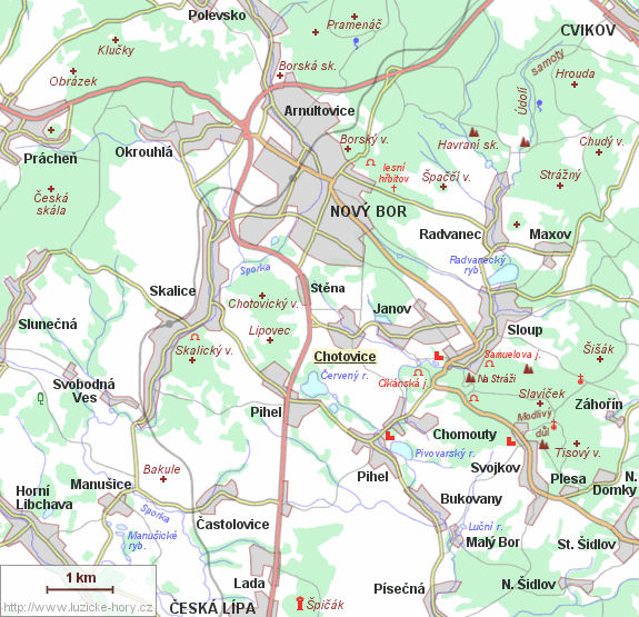 Přehledná mapka okolí Chotovic.
