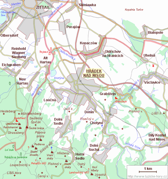 Übersichtskarte der Umgebung von Hrádek nad Nisou.