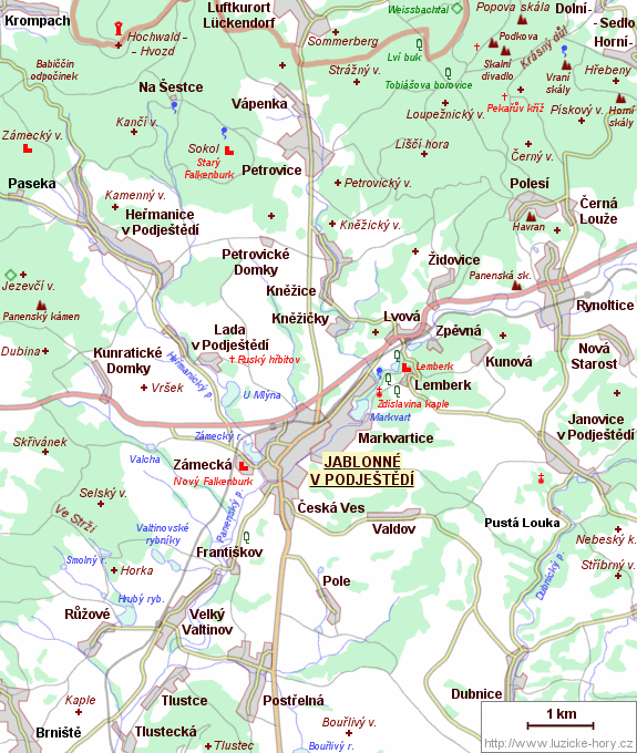 Přehledná mapka okolí Jablonného v Podještědí.