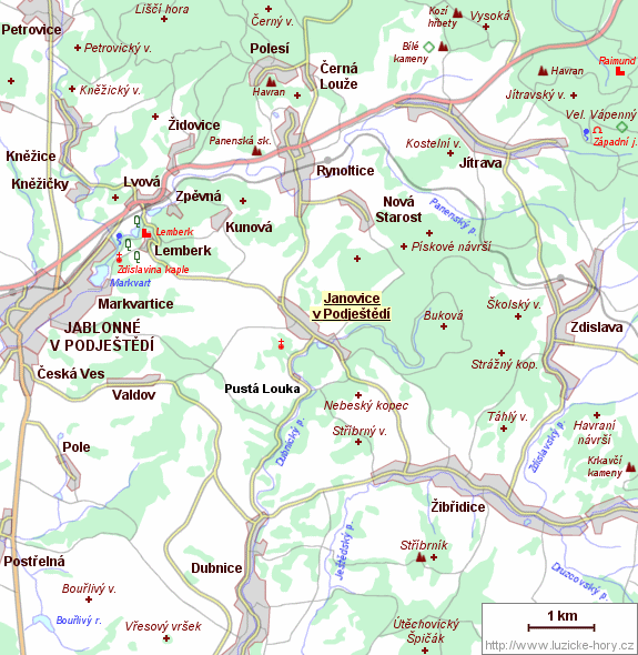 Přehledná mapka okolí Janovic v Podještědí.