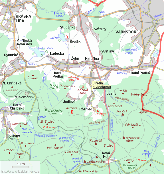 Přehledná mapka okolí Jiřetína pod Jedlovou.