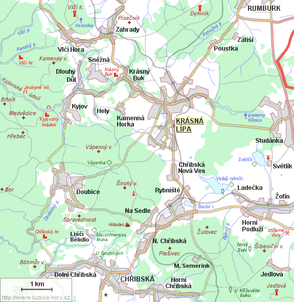 Übersichtskarte der Umgebung von Krásná Lípa.