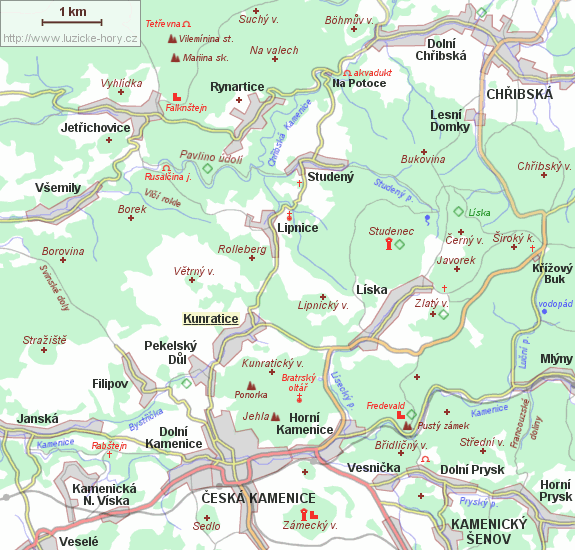 Přehledná mapka okolí Kunratic.