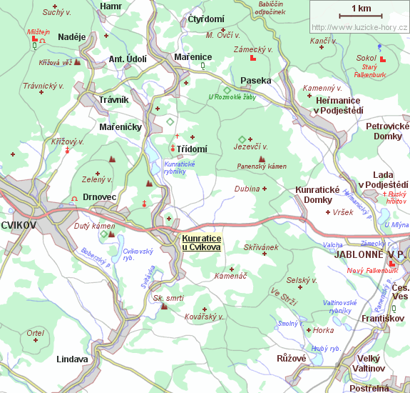 Přehledná mapka okolí Kunratic u Cvikova.