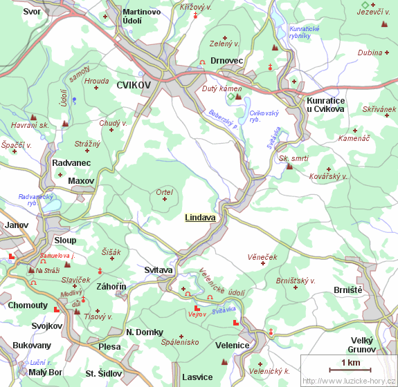Přehledná mapka okolí Lindavy.