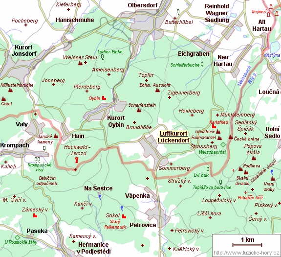 Přehledná mapka okolí Lückendorfu.