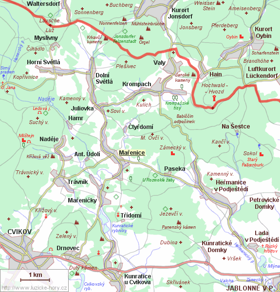 Übersichtskarte der Umgebung von Mařenice.