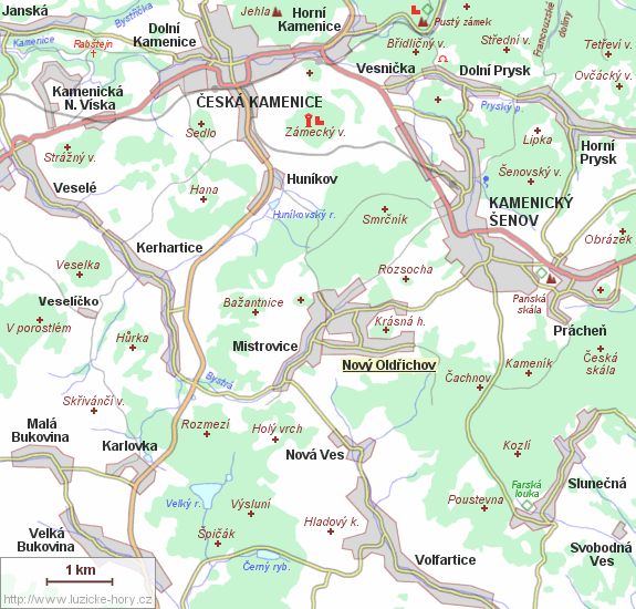 Übersichtskarte der Umgebung von Nový Oldřichov.