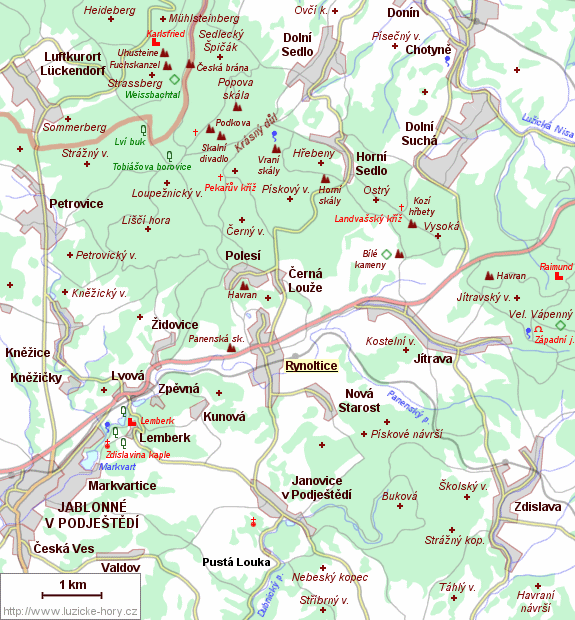 Übersichtskarte der Umgebung von Rynoltice.