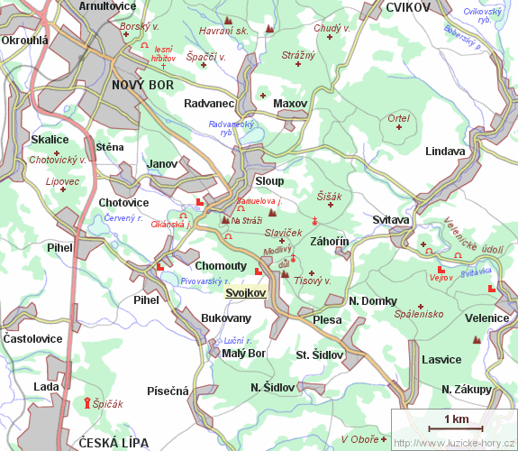 Übersichtskarte der Umgebung von Svojkov.