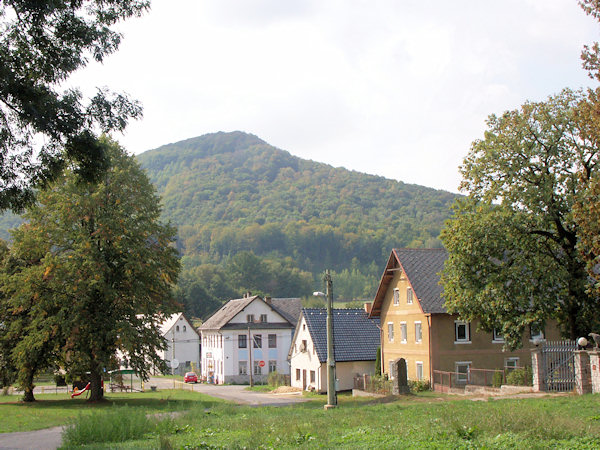 Häuser im mittleren Teil des Dorfes. Im Hintergrund der Berg Tlustec (Tolzberg).