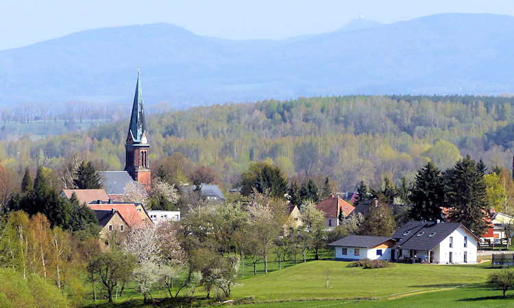 Blick von der Lehne des Scheibebergs auf die Dorfkirche von Hörnitz.