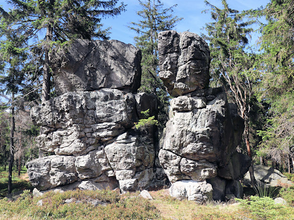 Der Quarzitfelsen des Vrabčí kámen am Nordabhange des Pěnkavčí vrch (Finkenkoppe).