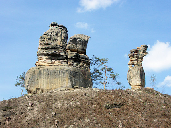 Anhöhe mit dem Felsen Čertova skála (Teufelsfelsen) und Panenská skála (Jungfernstein).