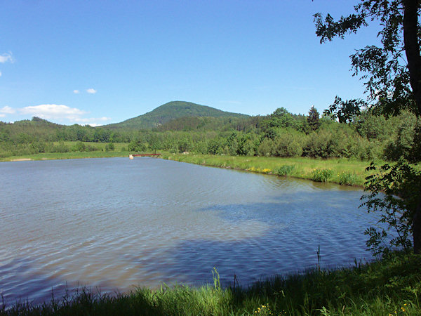 Pohled na Dolní Kunratický rybník s Jezevčím vrchem v pozadí.
