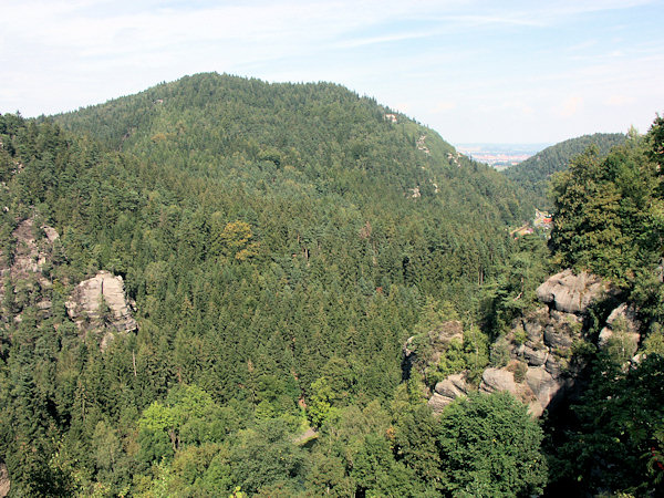 Pohled na zalesněnou kupu Mravenčího vrchu z oybinského hradu.