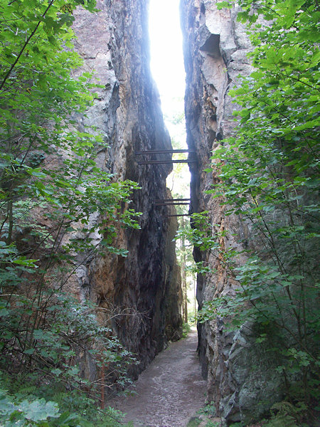 Durch den nordwestlichen Durchbruch tritt der Naturlehrpfad in den Steinbruch ein.